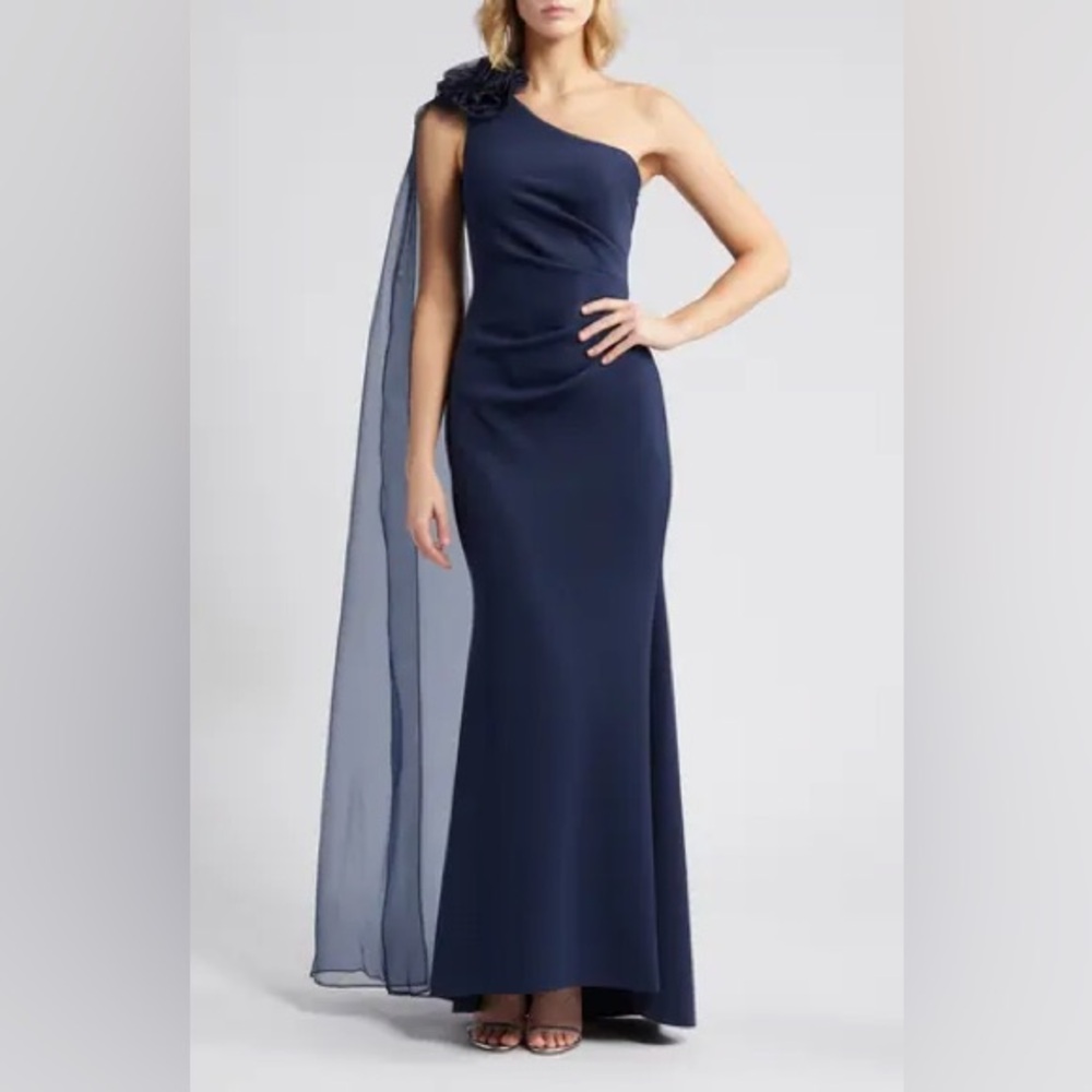 Eliza J One Shoulder Jersey Gown Dress with Scarf Detail Size 10 Navy‎ Blue